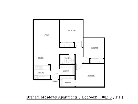 Floor plan for 3 beds, 1 bath, 1083 sqft